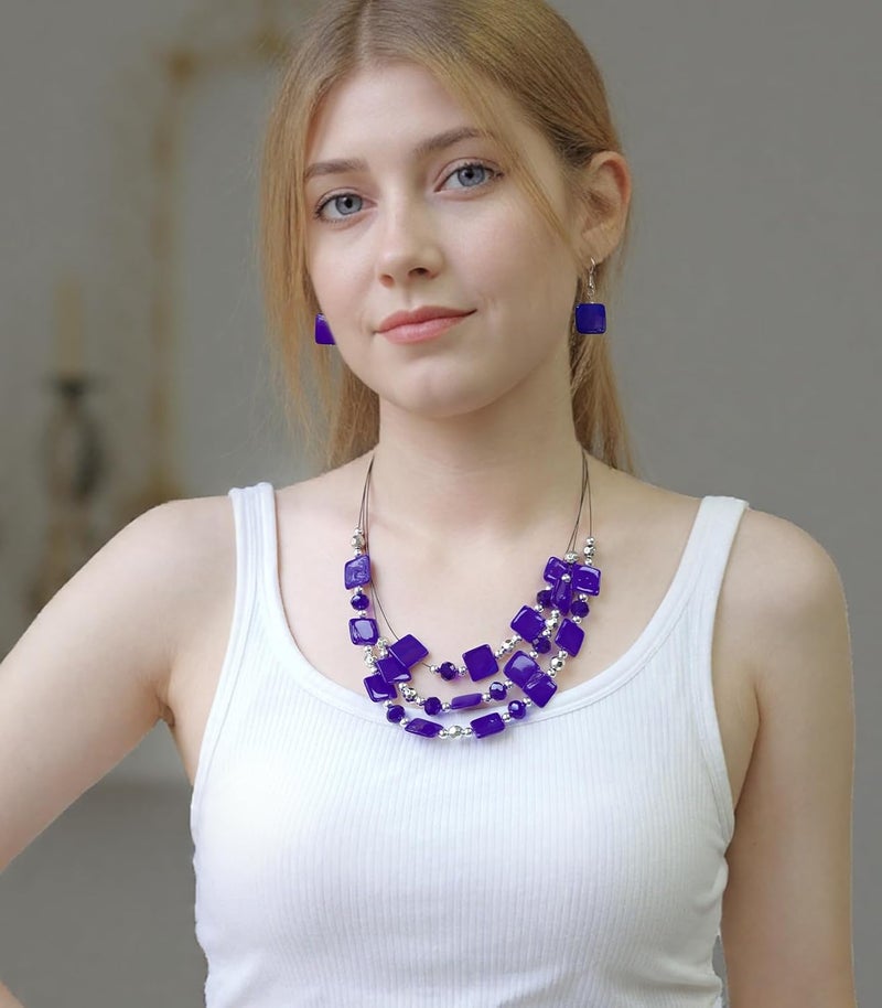 Errally Store Layered Beaded Statement Necklaces for Women Square Shell Bead Collar Necklace and Earring Set Birthday Gifts Boho Jewelry Sets for Women - Image 4